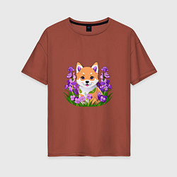 Женская футболка оверсайз Щенок Сибу-ину среди сиреневых цветов