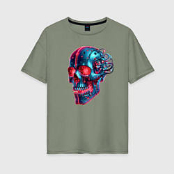 Футболка оверсайз женская Metal cyber skull - ai art, цвет: авокадо