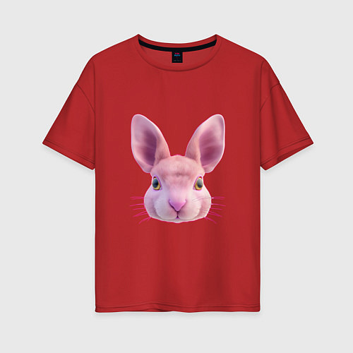 Женская футболка оверсайз Розовый заяц - портрет кролика / Красный – фото 1