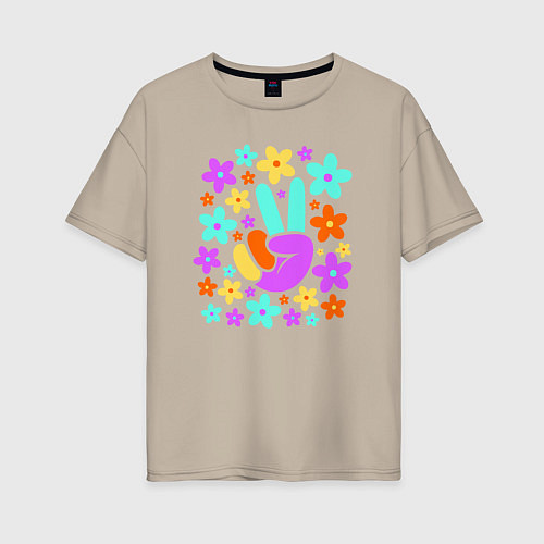 Женская футболка оверсайз Flower peace / Миндальный – фото 1