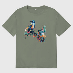 Футболка оверсайз женская Птицы на ветке дерева, цвет: авокадо