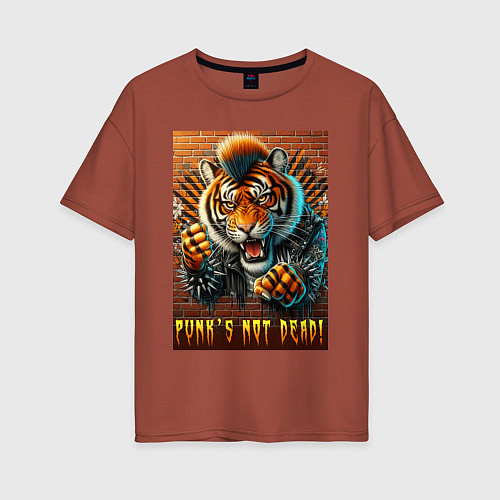Женская футболка оверсайз Punks not dead - motto tiger / Кирпичный – фото 1