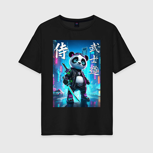 Женская футболка оверсайз Panda samurai - bushido ai art / Черный – фото 1