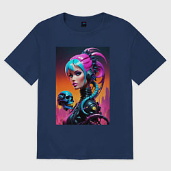 Футболка оверсайз женская Девушка в стиле киберпанк с черепом - нейросеть, цвет: тёмно-синий