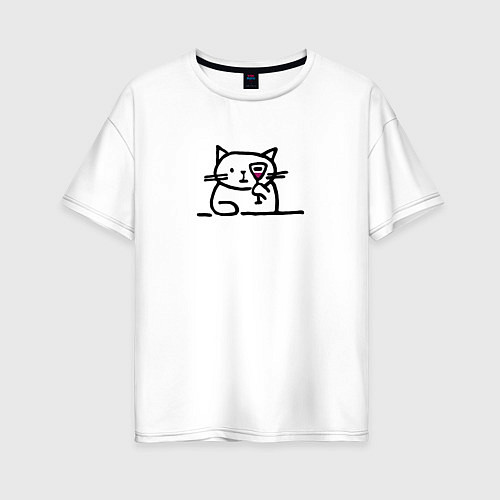 Женская футболка оверсайз Смешной кот смотрит сквозь бокал с вином / Белый – фото 1
