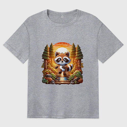 Женская футболка оверсайз Енот шагает по лесу / Меланж – фото 1