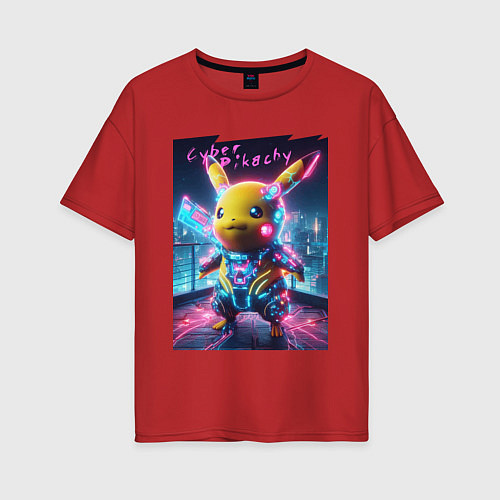 Женская футболка оверсайз Cyber Pikachu - neon glow ai art fantasy / Красный – фото 1