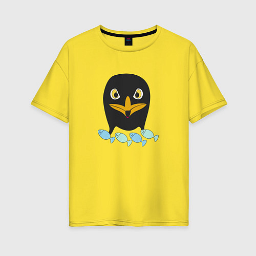 Женская футболка оверсайз Пингвин с рыбой / Желтый – фото 1