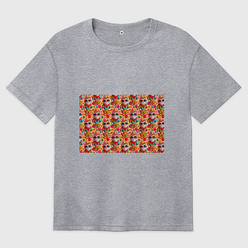 Женская футболка оверсайз Коты и летний вайб паттерн / Меланж – фото 1