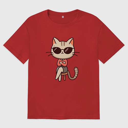 Женская футболка оверсайз Деловая кошка босс в очках внимательно смотрит / Красный – фото 1