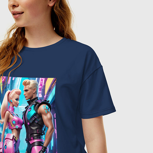Женская футболка оверсайз Barbie and Ken - ai art fantasy / Тёмно-синий – фото 3