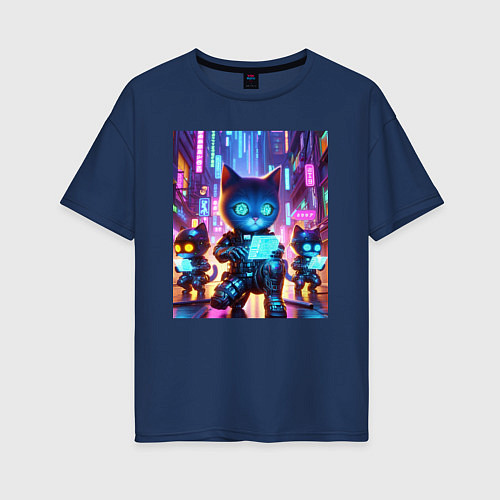 Женская футболка оверсайз Продвинутые кибер котята - неоновое свечение / Тёмно-синий – фото 1