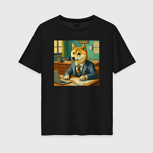 Женская футболка оверсайз Мемная собака Doge в костюме грустно работает за с / Черный – фото 1