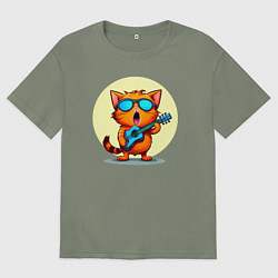 Женская футболка оверсайз Рыжий кот с гитарой поет песню