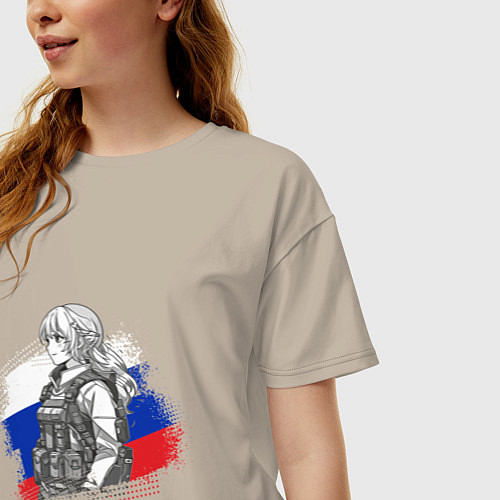 Женская футболка оверсайз Аниме девушка на фоне триколора / Миндальный – фото 3