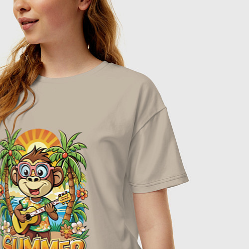 Женская футболка оверсайз Обезьянка с гитарой летний вайб / Миндальный – фото 3