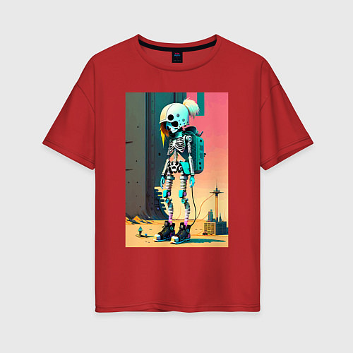 Женская футболка оверсайз Cyber skeleton from future - ai art fantasy / Красный – фото 1