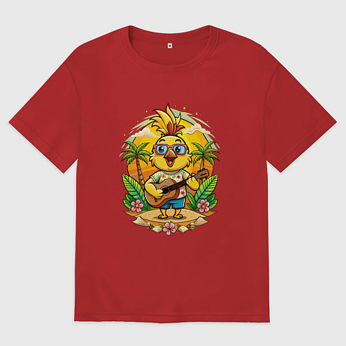 Женская футболка оверсайз Попугай играет на гитаре жарким летом / Красный – фото 1