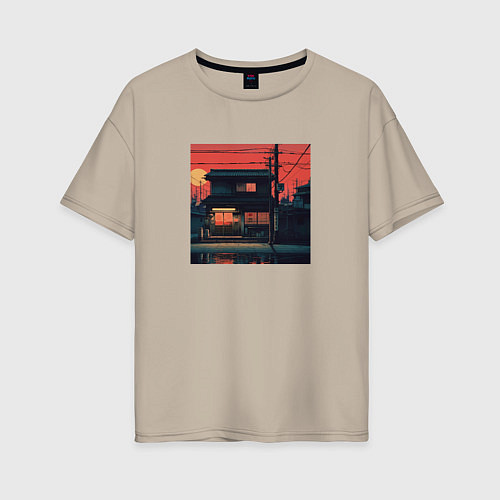 Женская футболка оверсайз Дом на закате в стиле Аниме / Миндальный – фото 1