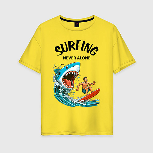 Женская футболка оверсайз Shark and surfer - never alone / Желтый – фото 1