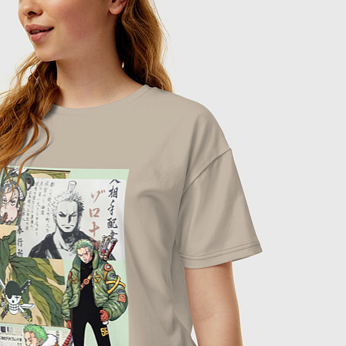 Женская футболка оверсайз Ван-Пис Зоро Ророноа коллаж сильнейший мечник / Миндальный – фото 3
