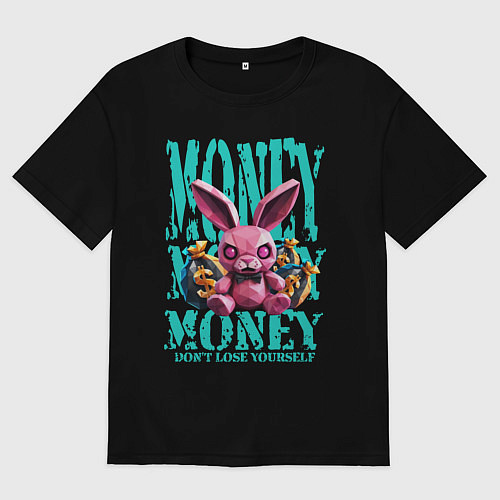 Женская футболка оверсайз Розовый полигональный кролик с деньгами и глаз / Черный – фото 1