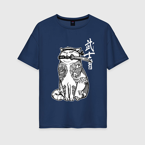 Женская футболка оверсайз Кот самурай - сёто в зубах / Тёмно-синий – фото 1