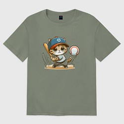 Женская футболка оверсайз Котёнок крутой баттер бейсбольной команды - нейрос