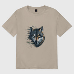 Футболка оверсайз женская Голова волка с развивающимися волосами, цвет: миндальный