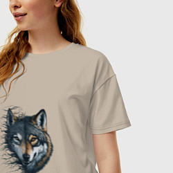 Футболка оверсайз женская Голова волка с развивающимися волосами, цвет: миндальный — фото 2