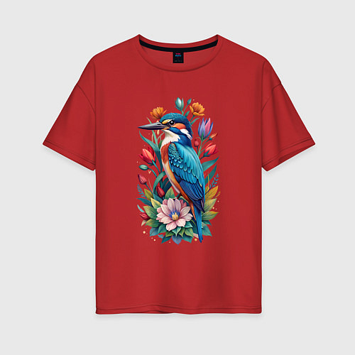 Женская футболка оверсайз Птица зимородок среди цветов / Красный – фото 1