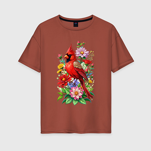 Женская футболка оверсайз Птица красный кардинал среди цветов / Кирпичный – фото 1