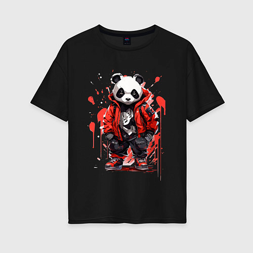 Женская футболка оверсайз Модная панда в красной куртке / Черный – фото 1