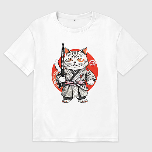 Женская футболка оверсайз Ниндзя кот с саблей красное солнце / Белый – фото 1