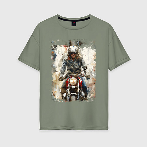 Женская футболка оверсайз Акварель -мотоциклист / Авокадо – фото 1