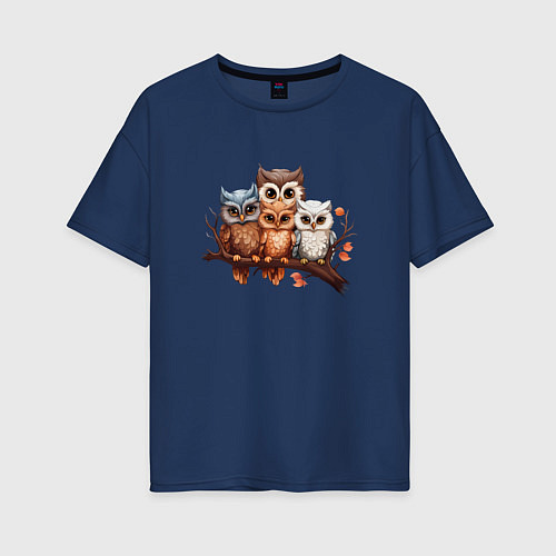 Женская футболка оверсайз Четыре совы на ветке / Тёмно-синий – фото 1