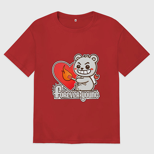 Женская футболка оверсайз Медведь хулиган с сердцем и спичкой / Красный – фото 1