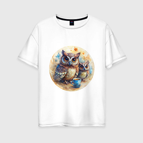 Женская футболка оверсайз Совушки с кофе / Белый – фото 1