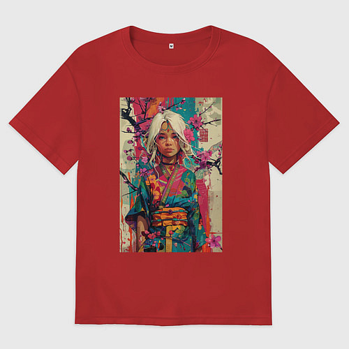 Женская футболка оверсайз Белокурая индейская девушка в японском кимоно - жи / Красный – фото 1
