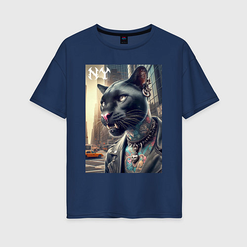 Женская футболка оверсайз Cool dude panther from New York - ai art / Тёмно-синий – фото 1