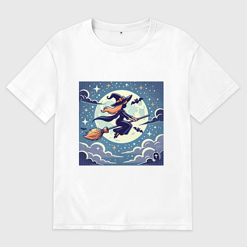 Женская футболка оверсайз Ведьма на метле в ночи / Белый – фото 1