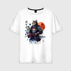 Женская футболка оверсайз Cat samurai - bushido ai art