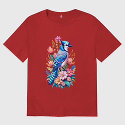 Футболка оверсайз женская Голубая сойка среди цветов, цвет: красный