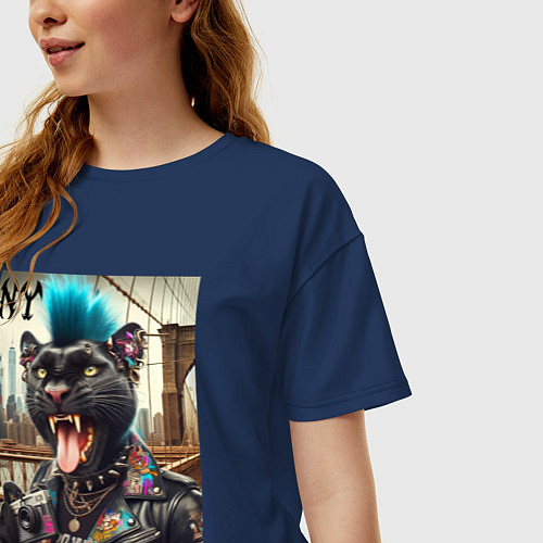 Женская футболка оверсайз Чувак пантера панк с фотоаппаратом - нейросеть / Тёмно-синий – фото 3