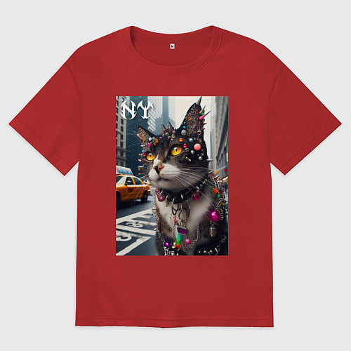 Женская футболка оверсайз Пирсинг Нью-Йоркского кота - нейросеть / Красный – фото 1