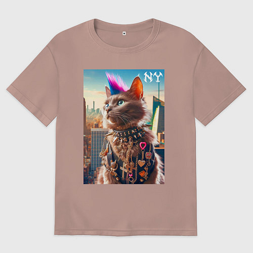 Женская футболка оверсайз Funny cat punk from New York - ai art / Пыльно-розовый – фото 1