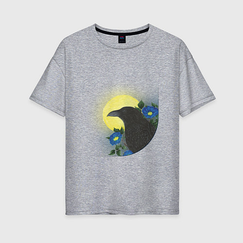 Женская футболка оверсайз Чёрный ворон на ветке под луной / Меланж – фото 1