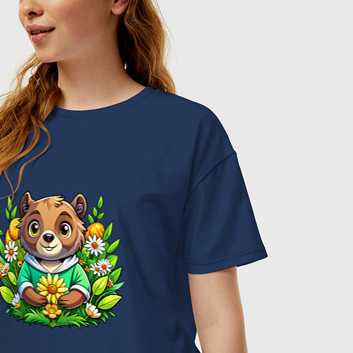 Женская футболка оверсайз Медведь среди цветов / Тёмно-синий – фото 3