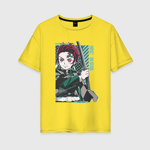 Женская футболка оверсайз Клинок рассекающий демонов Тандзиро зеленый / Желтый – фото 1