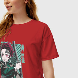 Футболка оверсайз женская Клинок рассекающий демонов Тандзиро зеленый, цвет: красный — фото 2